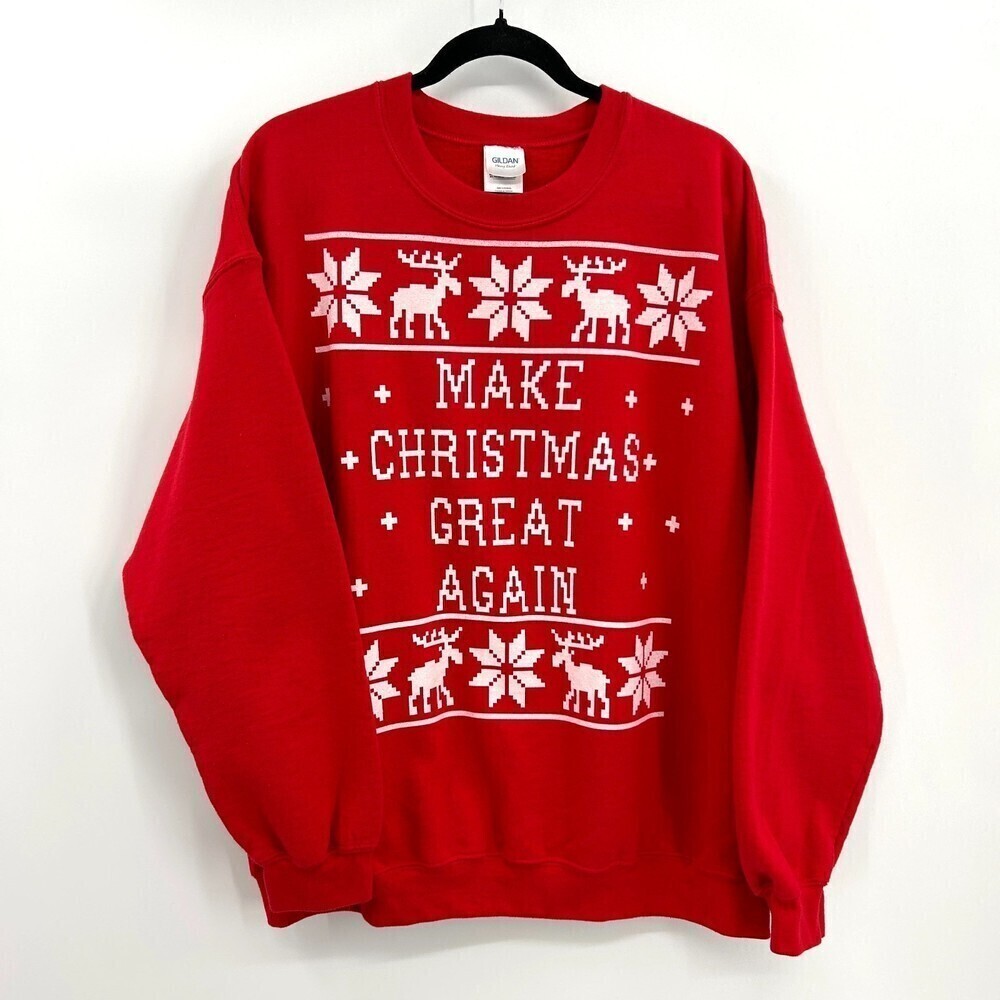 GILDAN Men's Red White Ugly Christmas Sweater Make Christmas Great Again Size XL
